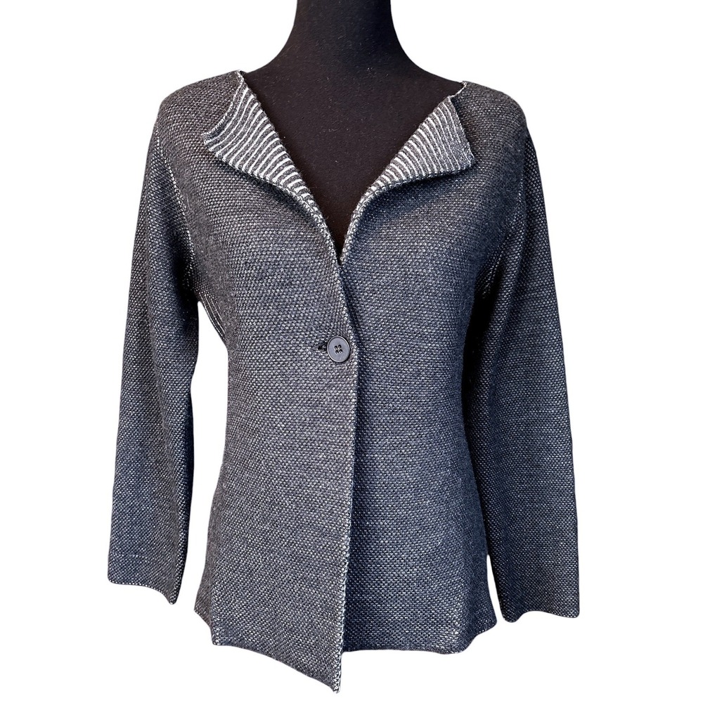 Eileen Fisher 100% Merino Wool Black & Gray Knit Cardigan Sweater,Medium, Luxury